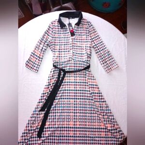 NWT Lily By Firmiana 3/4 Sleeve Herringbone Print Maxi Dress With Belt